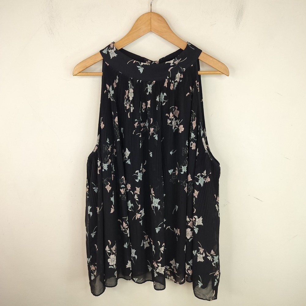 1.State Pleated Tank Top 3X Womens Floral Flowy Tie Back High Neck Boho Black